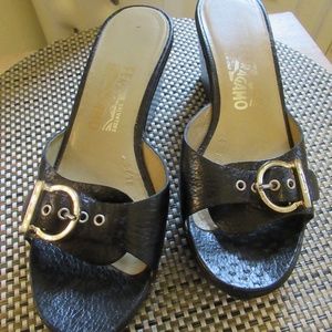Salvatore Ferragamo Black Wedge Sandals, US 7.5 B